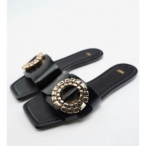 NWT Zara Flat Leather Sandals With Beading Size 7.5